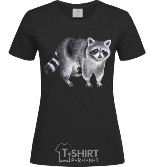 Women's T-shirt A drawing of a raccoon black фото