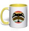 Mug with a colored handle Round racoon yellow фото