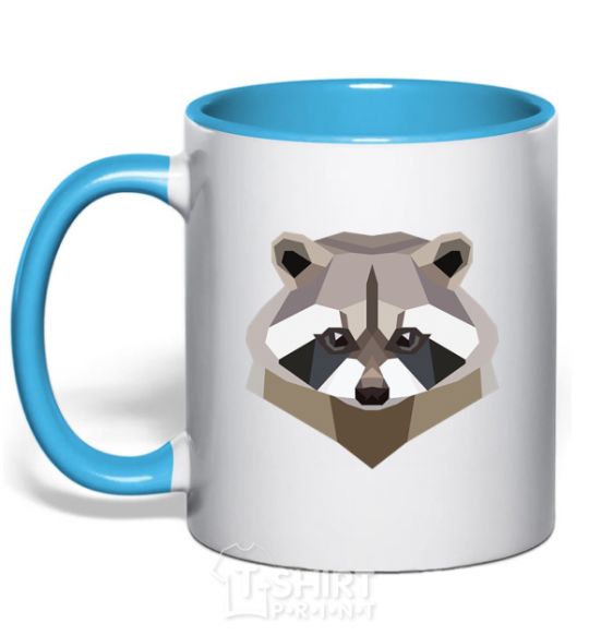 Mug with a colored handle Racoon art sky-blue фото