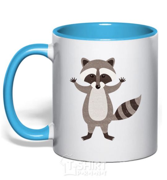 Mug with a colored handle Sweet racoon hug sky-blue фото