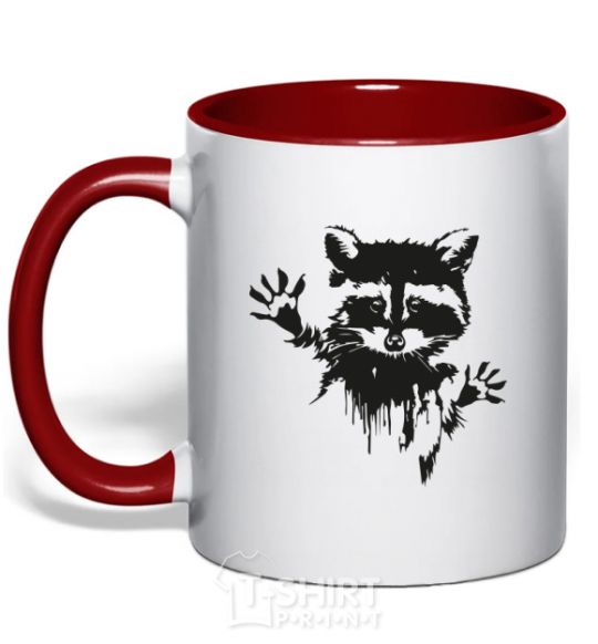 Mug with a colored handle Raccoon paws red фото
