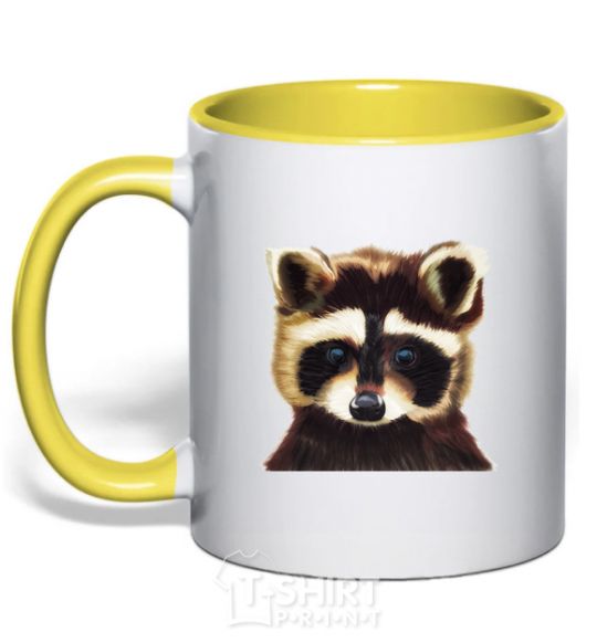 Mug with a colored handle Brown raccoon yellow фото