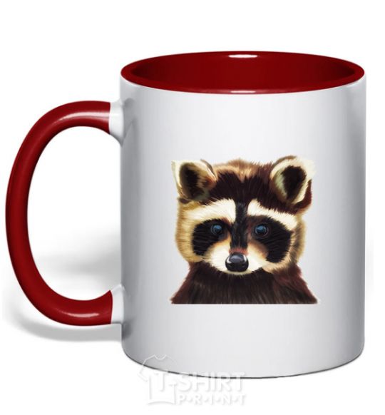 Mug with a colored handle Brown raccoon red фото