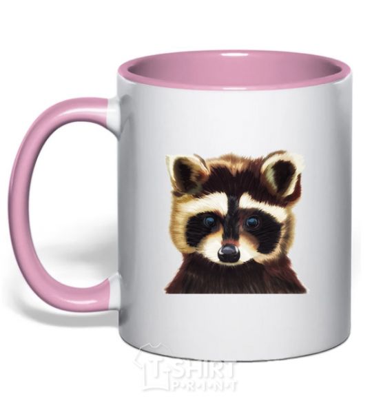 Mug with a colored handle Brown raccoon light-pink фото
