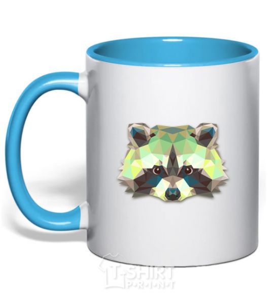 Mug with a colored handle Raccoon green sky-blue фото
