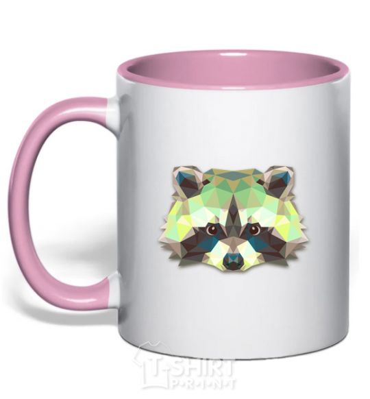 Чашка с цветной ручкой Енот зеленый Нежно розовый фото