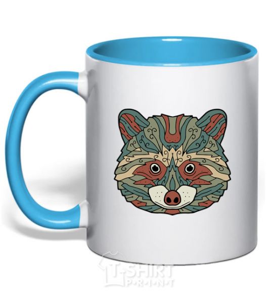 Mug with a colored handle Racoon face sky-blue фото