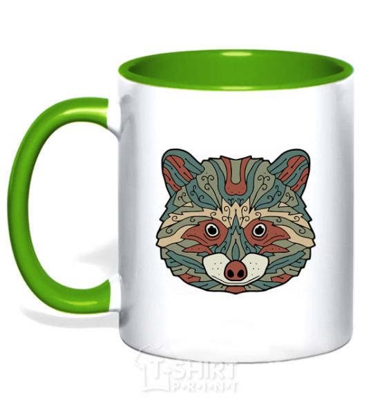 Mug with a colored handle Racoon face kelly-green фото