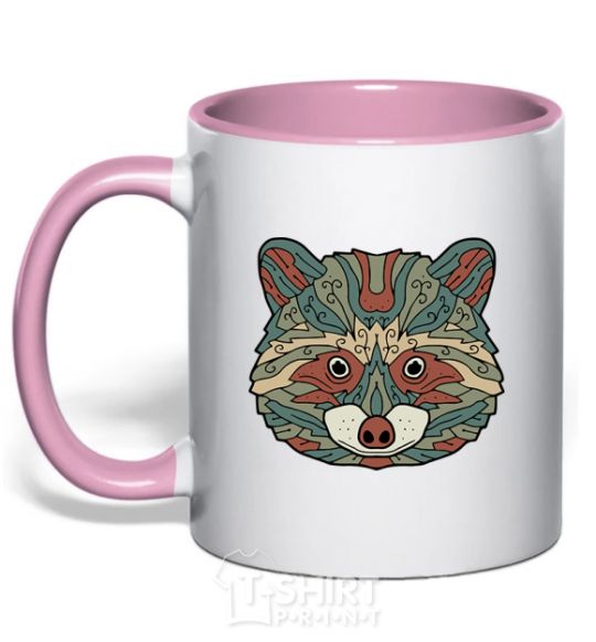 Mug with a colored handle Racoon face light-pink фото