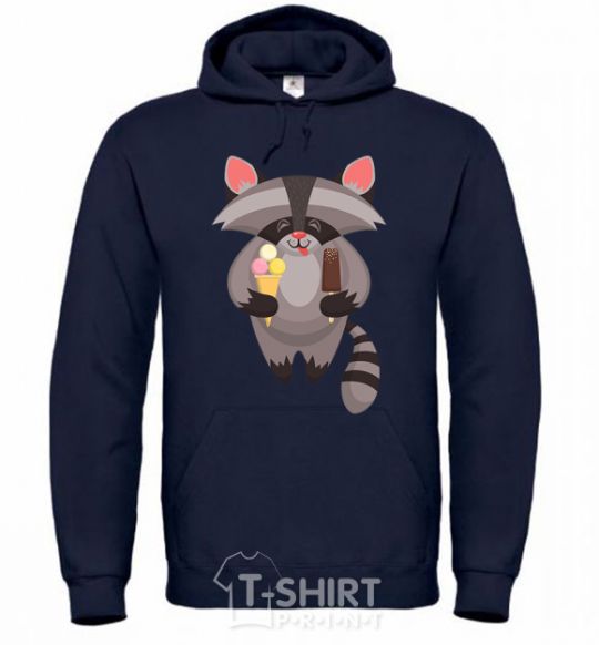 Men`s hoodie A raccoon eats ice cream navy-blue фото