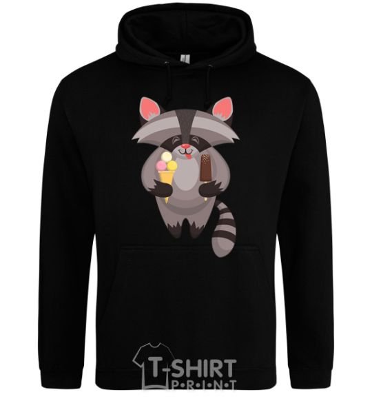 Men`s hoodie A raccoon eats ice cream black фото