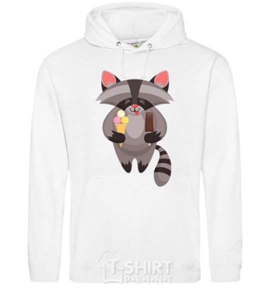 Men`s hoodie A raccoon eats ice cream White фото