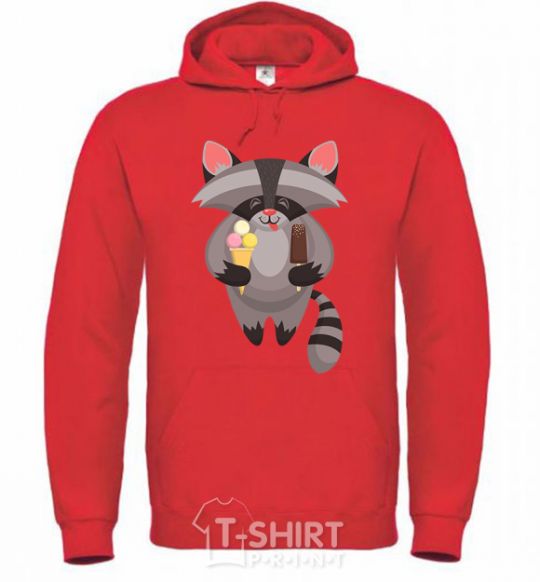 Men`s hoodie A raccoon eats ice cream bright-red фото