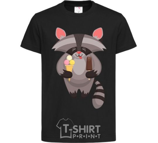 Kids T-shirt A raccoon eats ice cream black фото