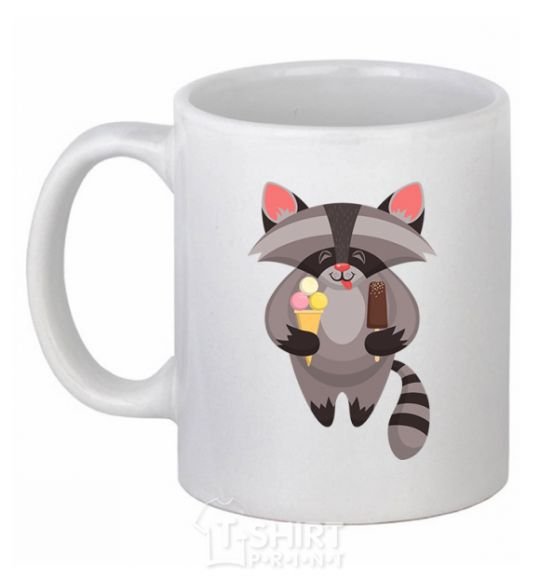 Ceramic mug A raccoon eats ice cream White фото