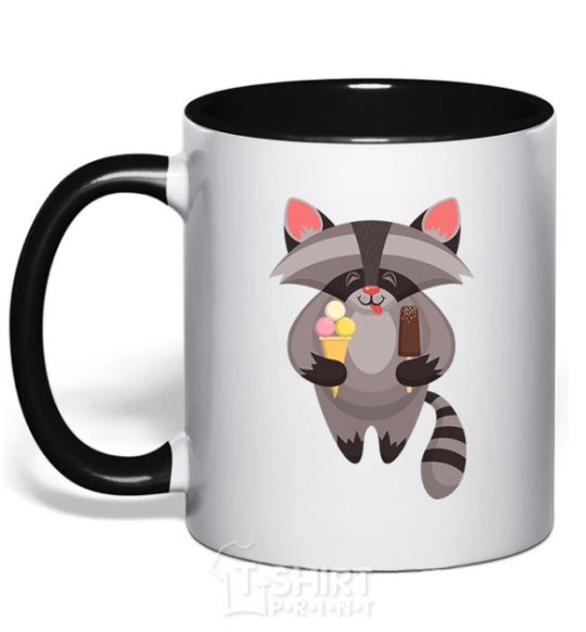 Mug with a colored handle A raccoon eats ice cream black фото