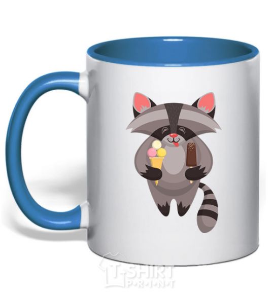 Mug with a colored handle A raccoon eats ice cream royal-blue фото