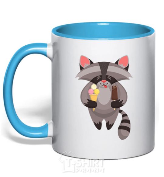 Mug with a colored handle A raccoon eats ice cream sky-blue фото