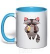 Mug with a colored handle A raccoon eats ice cream sky-blue фото