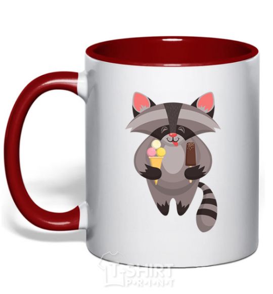 Mug with a colored handle A raccoon eats ice cream red фото