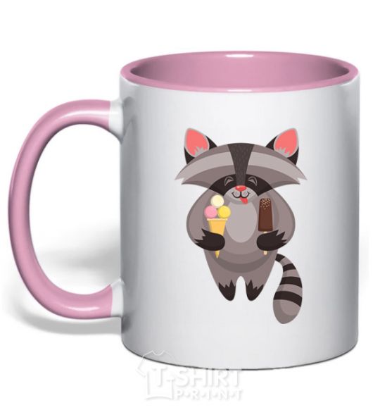 Mug with a colored handle A raccoon eats ice cream light-pink фото