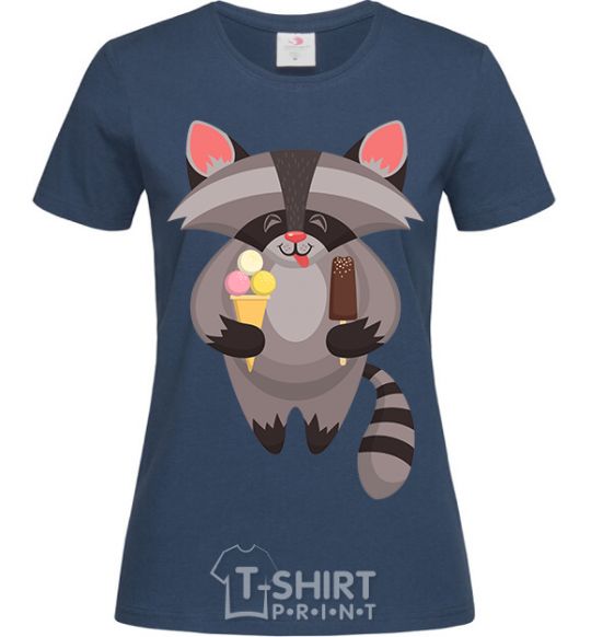 Women's T-shirt A raccoon eats ice cream navy-blue фото