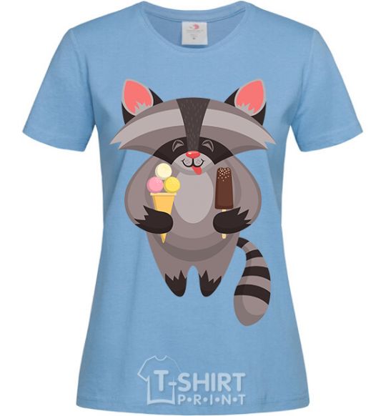 Women's T-shirt A raccoon eats ice cream sky-blue фото