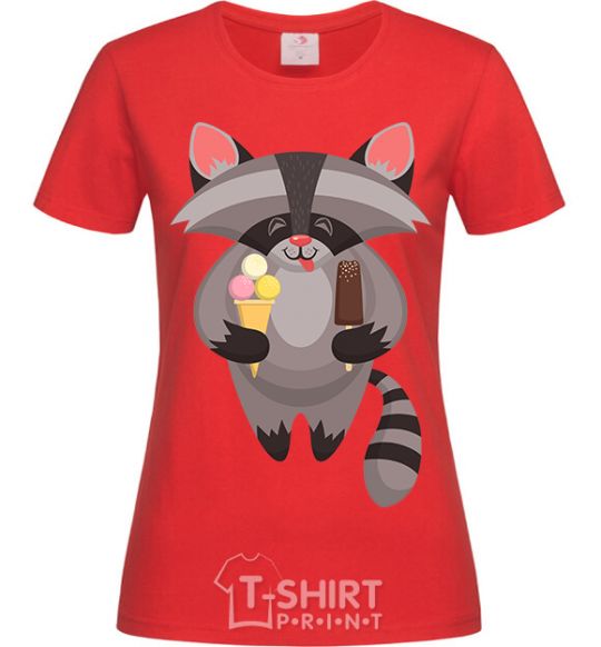 Women's T-shirt A raccoon eats ice cream red фото