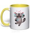Mug with a colored handle Dancing raccoon yellow фото