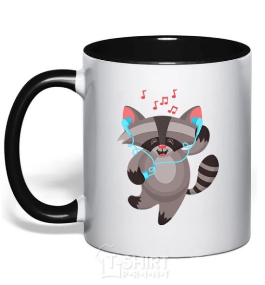 Mug with a colored handle Dancing raccoon black фото