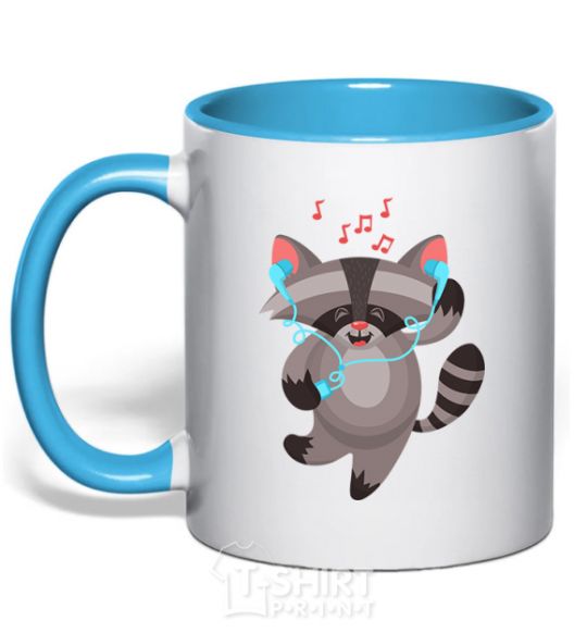 Mug with a colored handle Dancing raccoon sky-blue фото