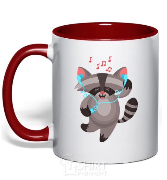 Mug with a colored handle Dancing raccoon red фото