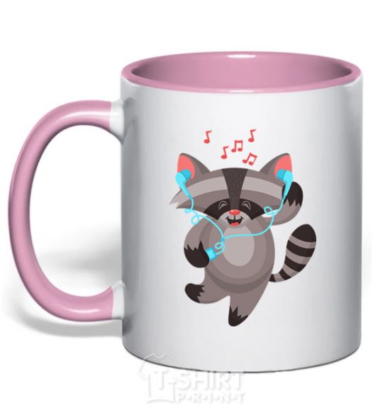 Mug with a colored handle Dancing raccoon light-pink фото