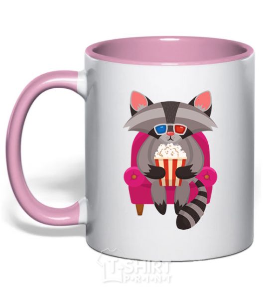 Mug with a colored handle Racoon TV light-pink фото