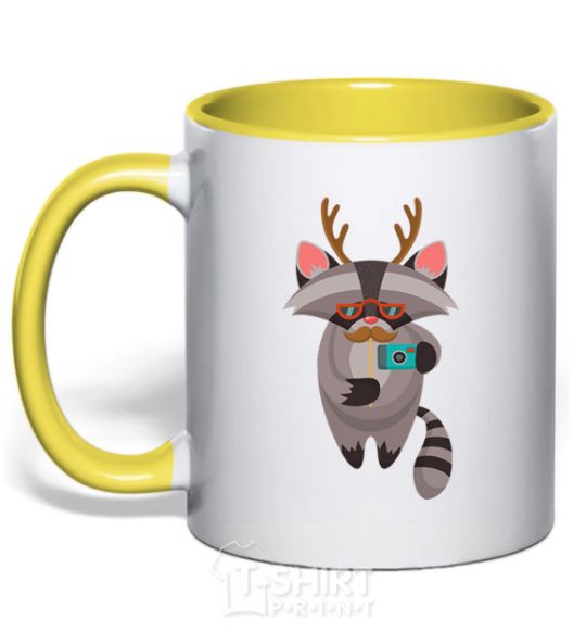 Mug with a colored handle Racoon photo yellow фото