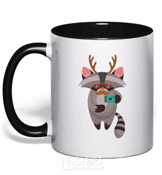 Mug with a colored handle Racoon photo black фото