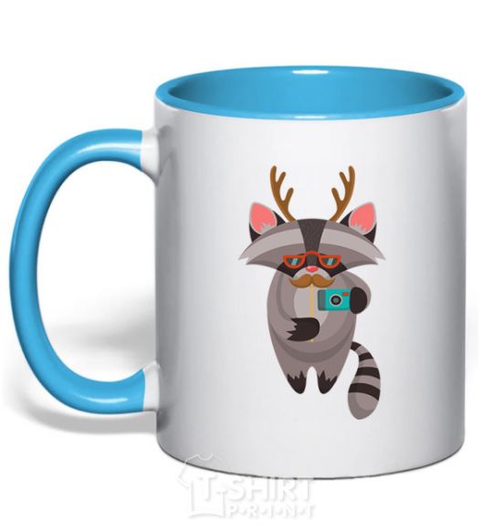 Mug with a colored handle Racoon photo sky-blue фото