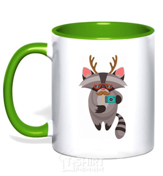 Mug with a colored handle Racoon photo kelly-green фото