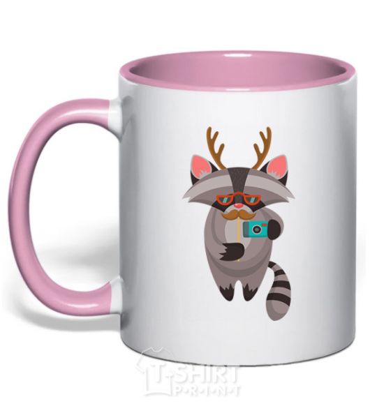 Mug with a colored handle Racoon photo light-pink фото