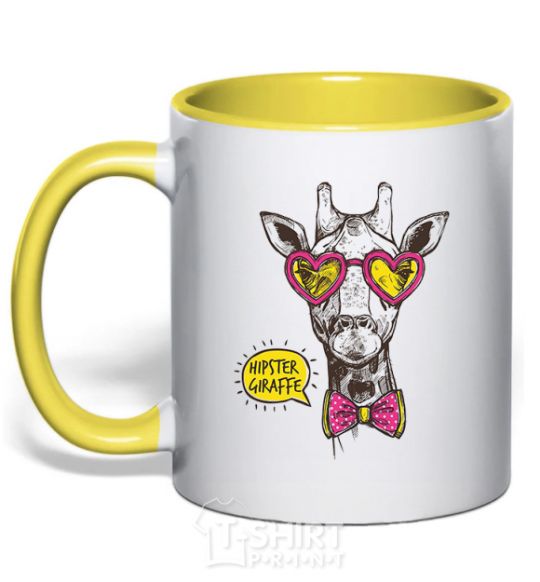 Mug with a colored handle Hipster giraffe yellow фото