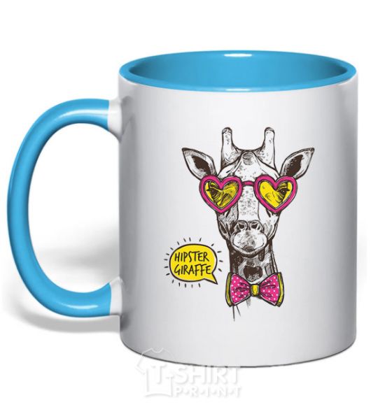 Mug with a colored handle Hipster giraffe sky-blue фото