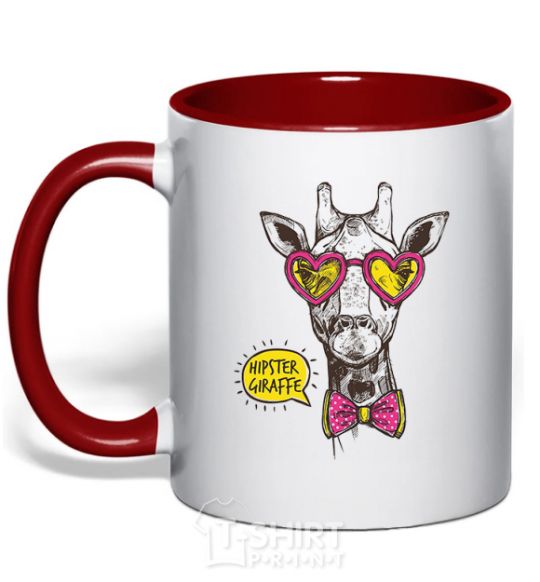 Mug with a colored handle Hipster giraffe red фото