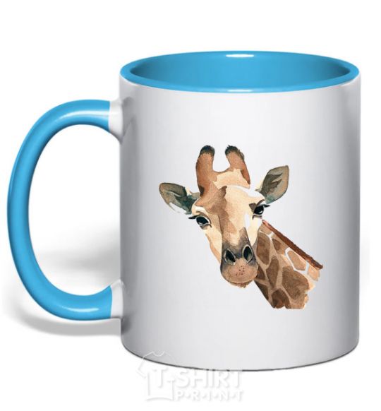 Mug with a colored handle Giraffe watercolor sky-blue фото