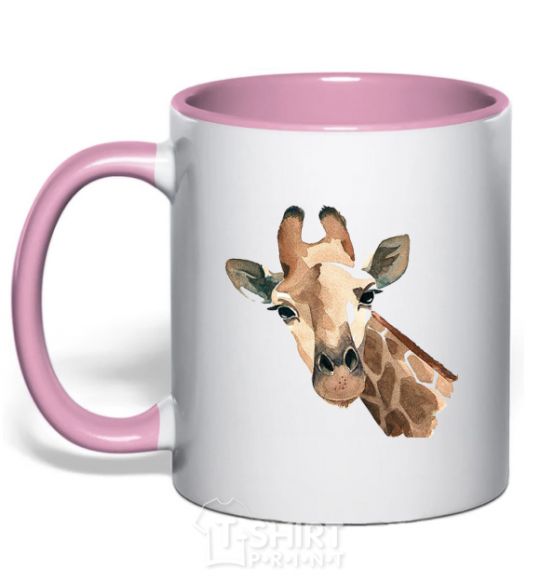 Mug with a colored handle Giraffe watercolor light-pink фото
