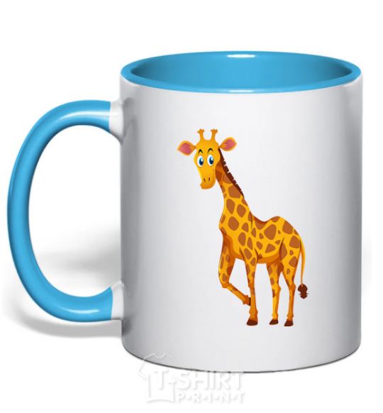 Mug with a colored handle The giraffe smiles sky-blue фото