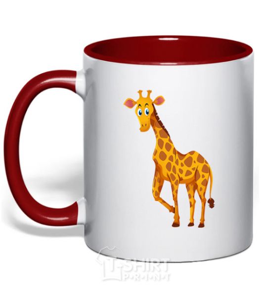 Mug with a colored handle The giraffe smiles red фото