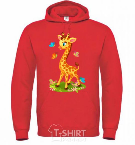 Men`s hoodie A giraffe with butterflies bright-red фото