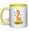 Mug with a colored handle A giraffe with butterflies yellow фото