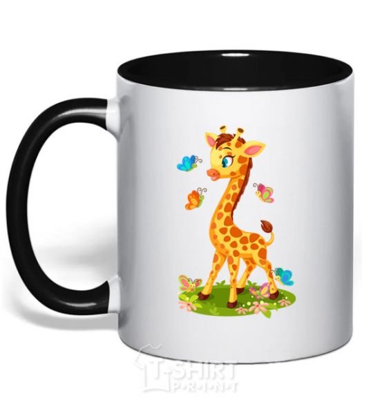 Mug with a colored handle A giraffe with butterflies black фото