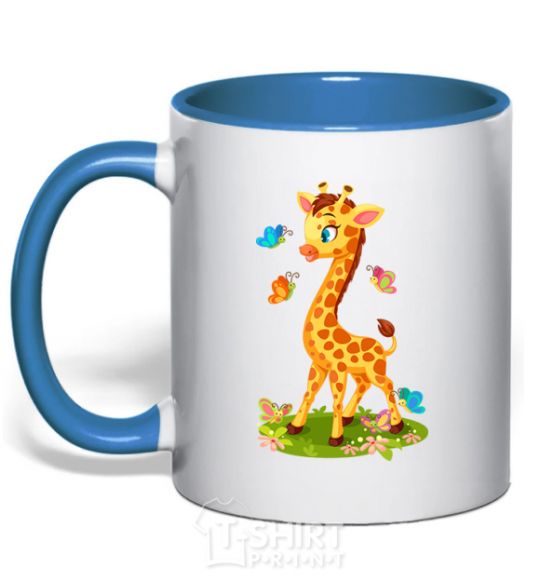 Mug with a colored handle A giraffe with butterflies royal-blue фото